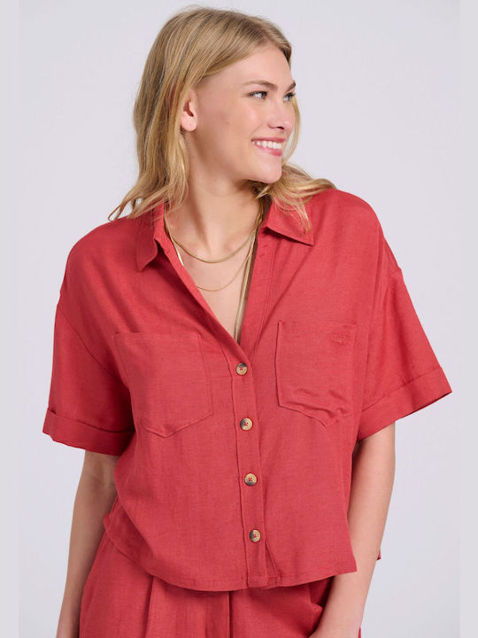 Funky Buddha Women's Linen Short Sleeve Shirt Red