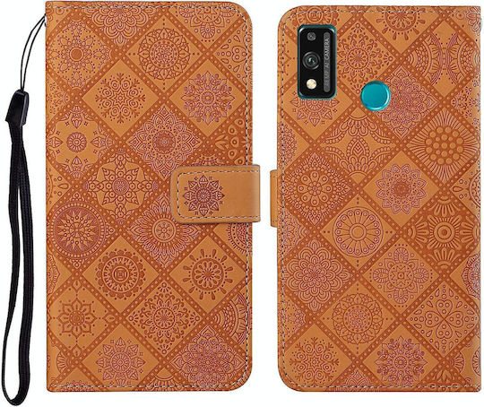 Huawei Honor 9x Lite Ethnic Style Embossed Pattern Horizontal Flip Leather Case Holder & Card Slots & Wallet & Lanyard Brown