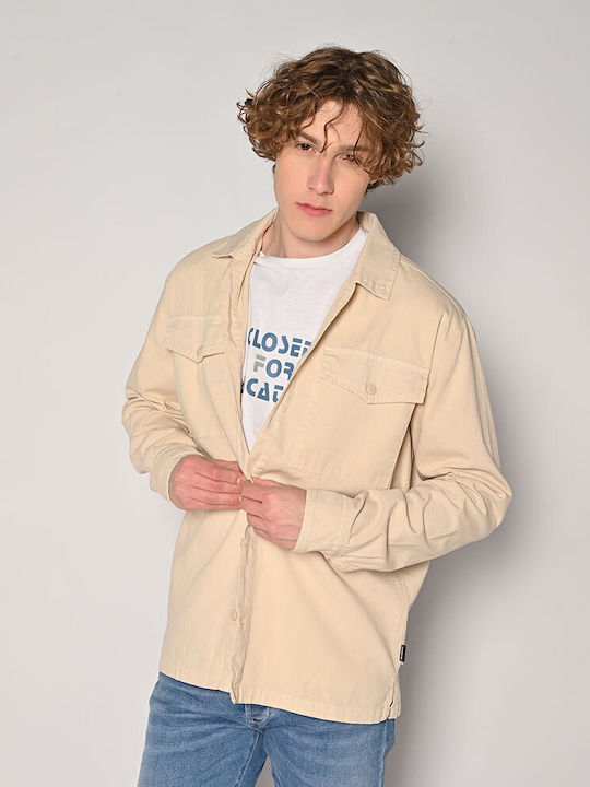 Μακρυμάνικo Λινό Overshirt σε Κανονική Γραμμή Μπεζ