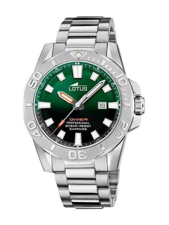 Ανδρικό Ρολόι Lotus L18926/5 Diver Ανοξείδωτο Ατσάλι Μαύρο-πράσινο Καντράν Ασημί Μπρασελέ