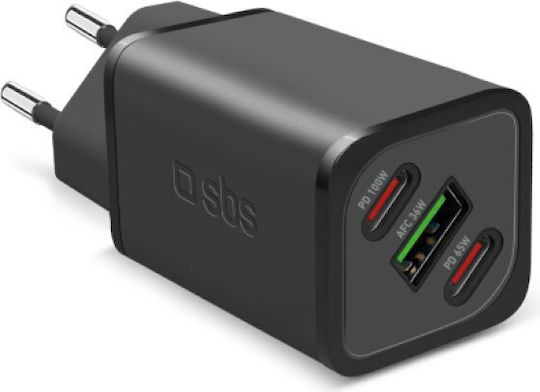 SBS Φορτιστής Χωρίς Καλώδιο GaN 100W Power Delivery Μαύρος (GANUSB2CPD100W)