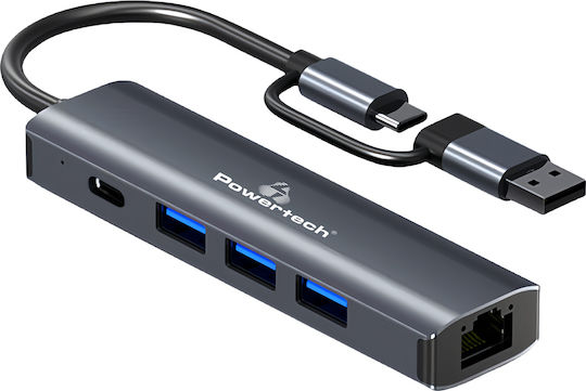 Powertech Hub 4 Ports USB 3.2 with USB-A / USB-C / Ethernet Connection Gray
