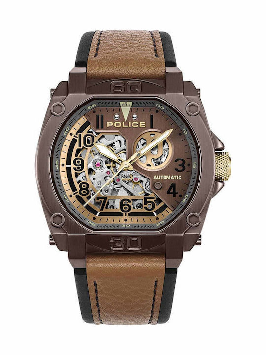 Police Ceas Barbati 45mm Automat cu Curea din Piele Maro