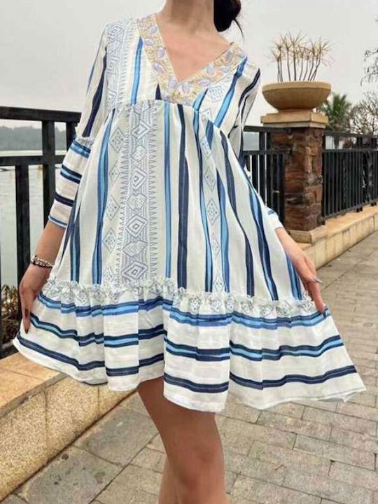 Cuca Dress with Ruffle White/blue