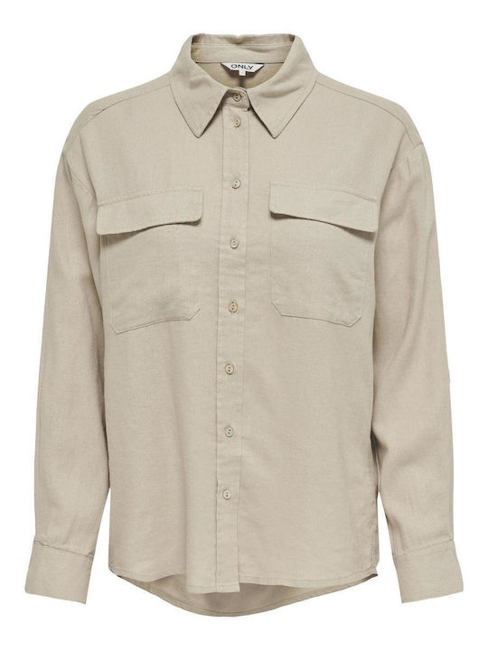 Only Langärmeliges Damenleinenhemd Beige