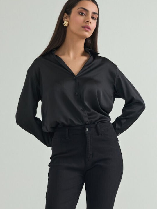 Cento Fashion Women's Satin Long Sleeve Shirt Black