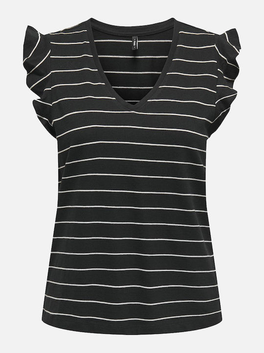 Only Life Women's Blouse Cotton Short Sleeve with V Neck Striped Blackcloud Dancer Jetblack