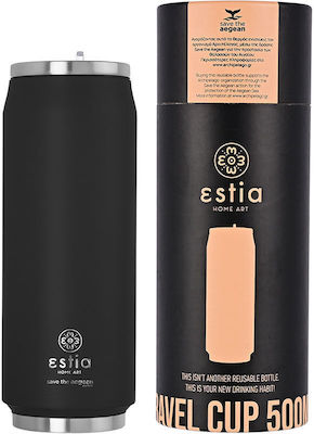 Estia Travel Cup Save the Aegean Reciclabil Sticlă Termos Oțel inoxidabil Fără BPA negru miezul nopții 500ml cu Paie