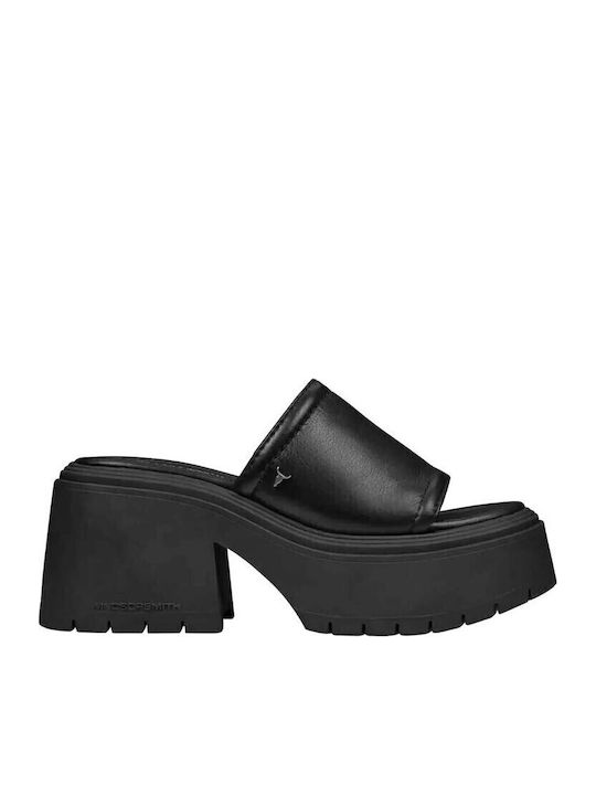 Confessions Leather Mules With Chunky Low Heel In Black Colour