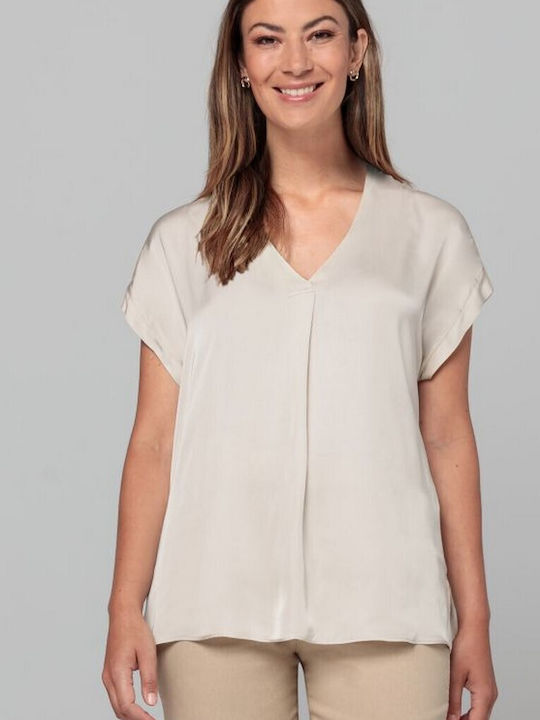 Bianca Di Women's Blouse Satin Short Sleeve with V Neck Beige
