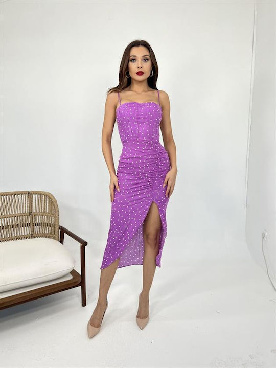 Rochie midi dantelă dantelă cu șireturi care se rupe la picior - Violet