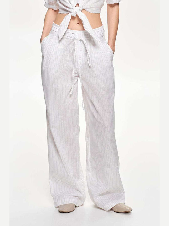 Lumina Women's High-waisted Fabric Trousers in Regular Fit Striped White