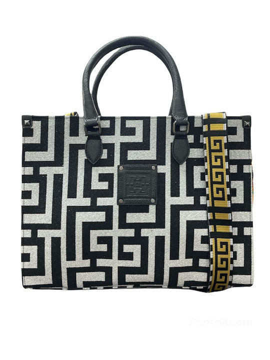 Leto Δερμάτινη Γυναικεία Τσάντα Tote Χειρός Silver (Lurex) Black Labyrinth