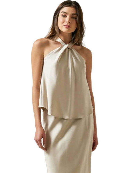 Enzzo Women's Blouse Satin Sleeveless Sand