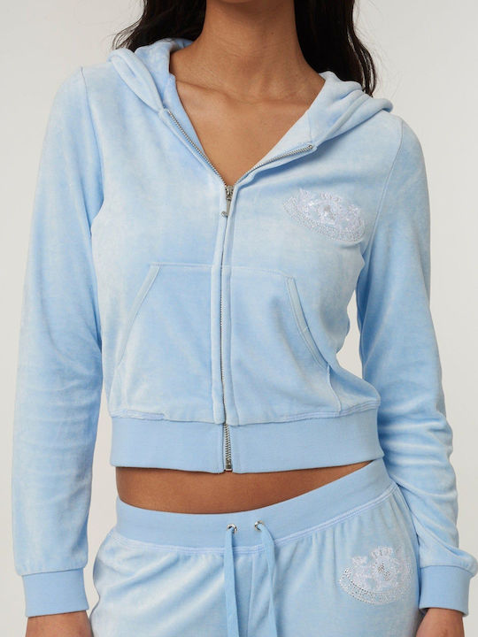 Juicy Couture Women's Cropped Hooded Velvet Cardigan Light Blue