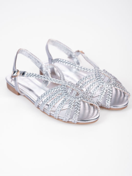 Flat Sandals with Braided Straps Silver