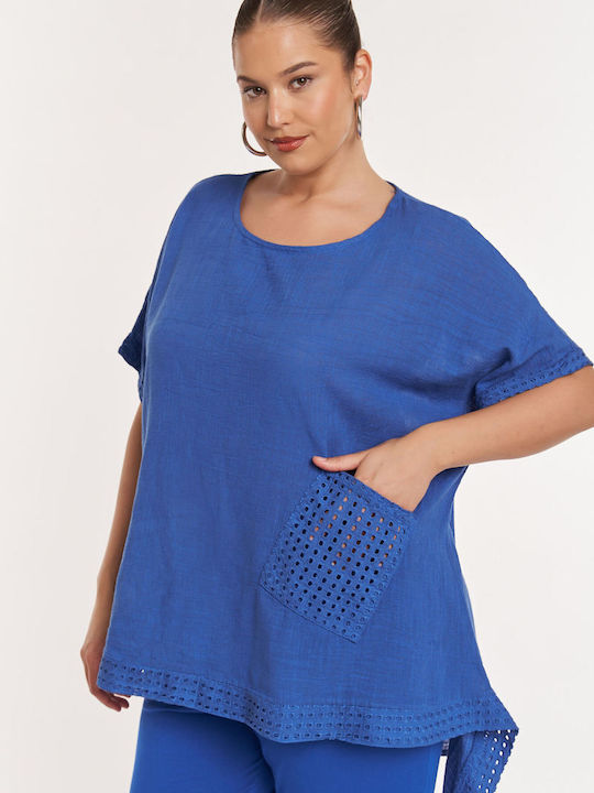 Jucita Women's Blouse Cotton Short Sleeve Blue