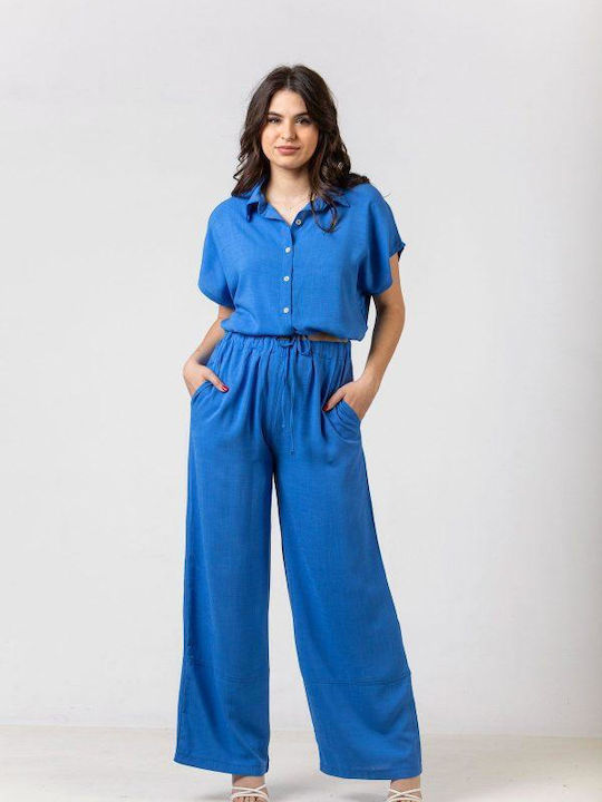 Simple Fashion Damen Leinen Palazzo-Hose mit Gummizug Blau