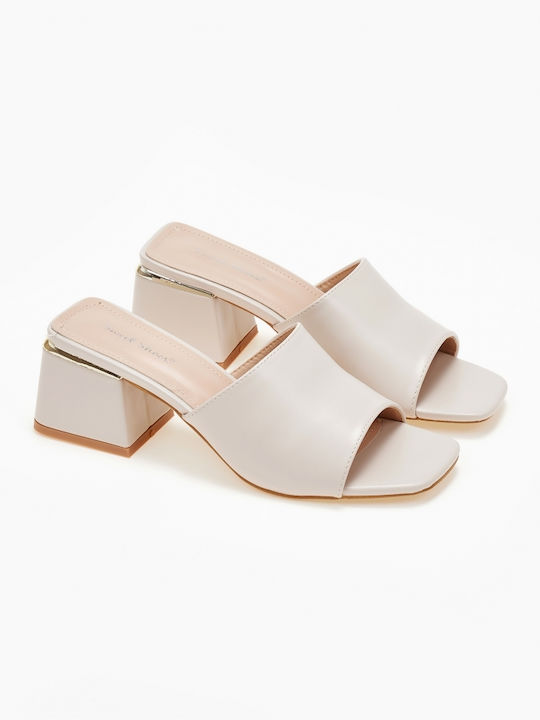 Mules Checkered Line Thick Heel Beige