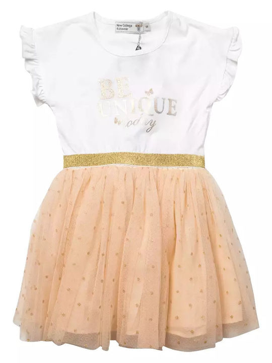 Girls Dress Short Sleeve Tulle Set with Accessories Beige
