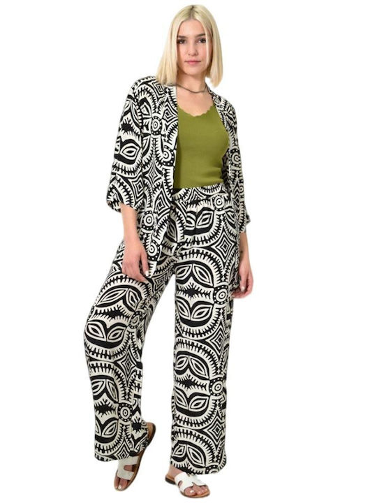 Set Kimono Pantaloni Negri Imprimați 23819