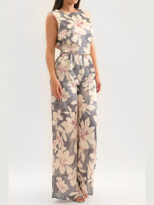 Paula Grey Floral Satinized Set Top Trousers