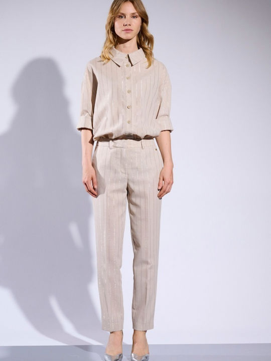 Matis Fashion Damen Beige Set mit Hochgeschnittener Hose in Normaler Passform Gestreift