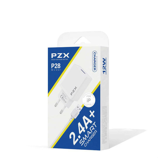 PZX Зарядно с USB-A порт и кабел Мълния Бял (P28)