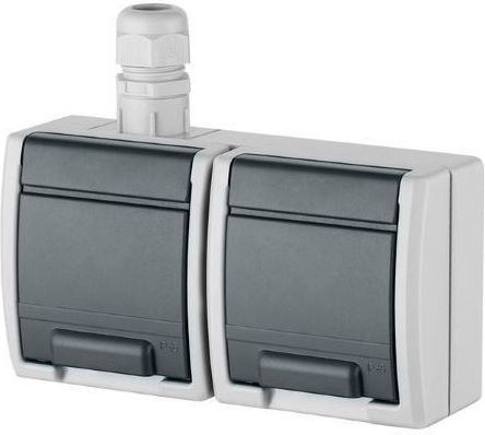 Elektro Plast Διπλή Εξωτερική Πρίζα Ρεύματος Στεγανή με Καπάκι Γκρι