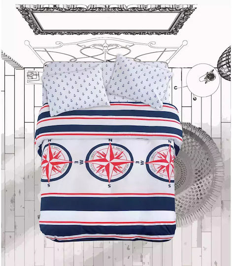 Makis Tselios Home Compass Set Coverlet Queen Size Cotton Compass Blue 220x240cm 3pcs