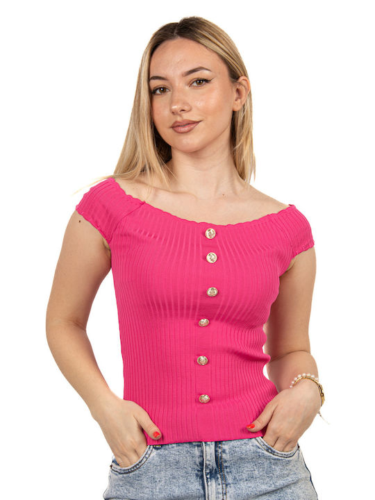 Gerippte Knopfleiste Bluse Fuchsia