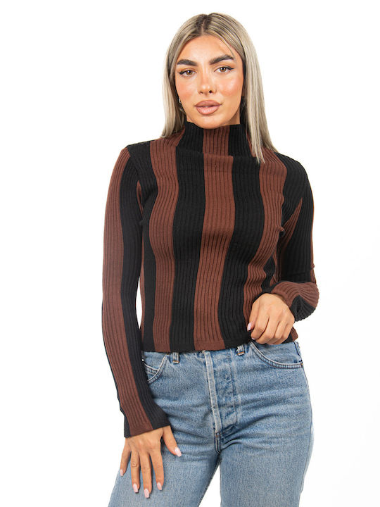 Brown Ribbed Stretch Blouse