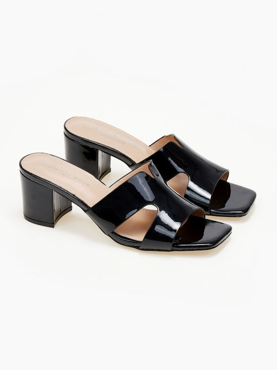 Suede Square Toe Chunky Heel Black Mules