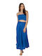 Satin Pleated Maxi Skirt Blue