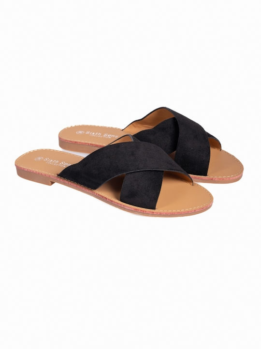 Flat Cross Strap Suede Texture Black Sandals