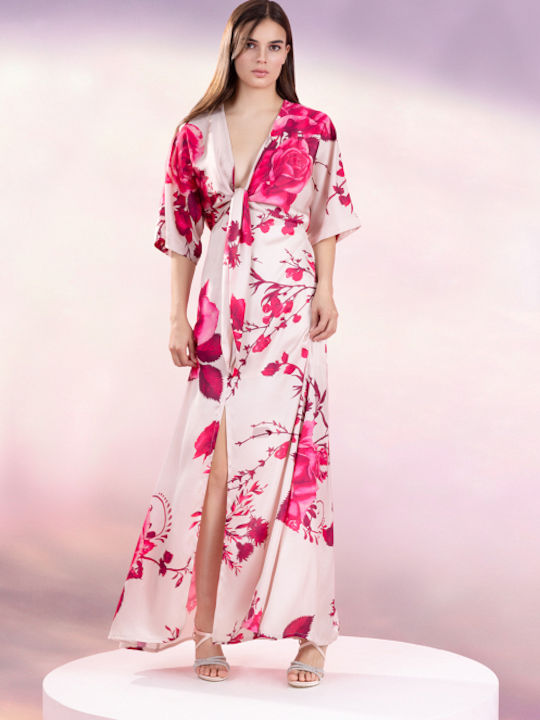 Long Printed Dress with Pink Tie