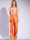 Matis Fashion Women's Satin Floral Short Sleeve Shirt Orange