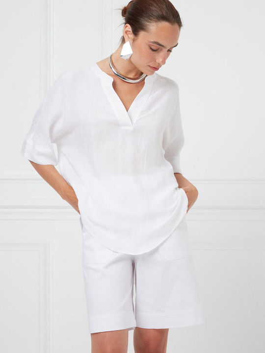 Bill Cost Damen Sommer Bluse Leinen mit V-Ausschnitt Weiß