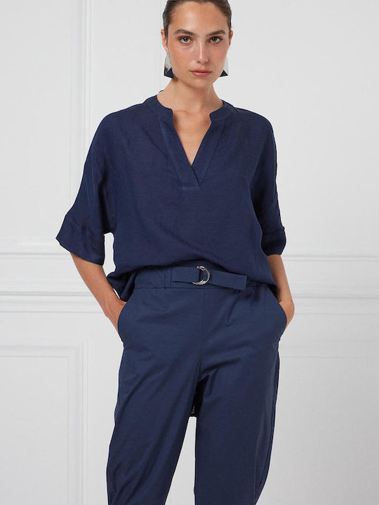 Bill Cost Women's Summer Blouse Linen with V Neckline Blue