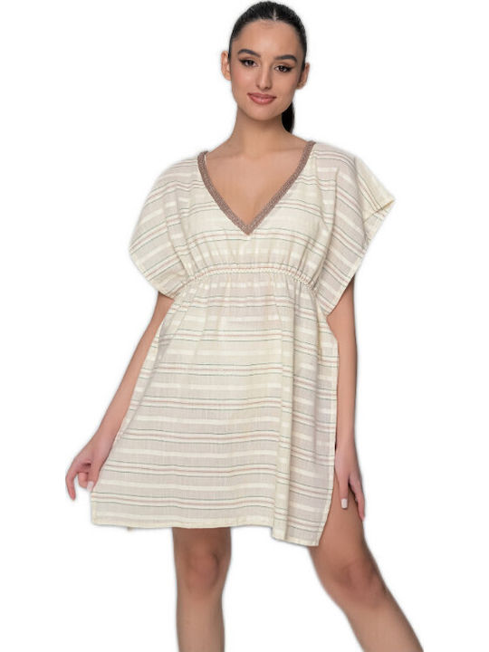 Kaftan Scurt de Plajă din Bumbac Milena By Paris 40247 Bej
