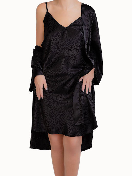 Elite Summer Women's Satin Robe with Nightdress Black.