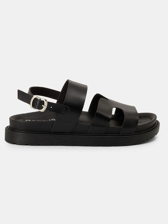 Women's Flat Sandals with Strap & Buckle 5108 Black Synthetic Leather