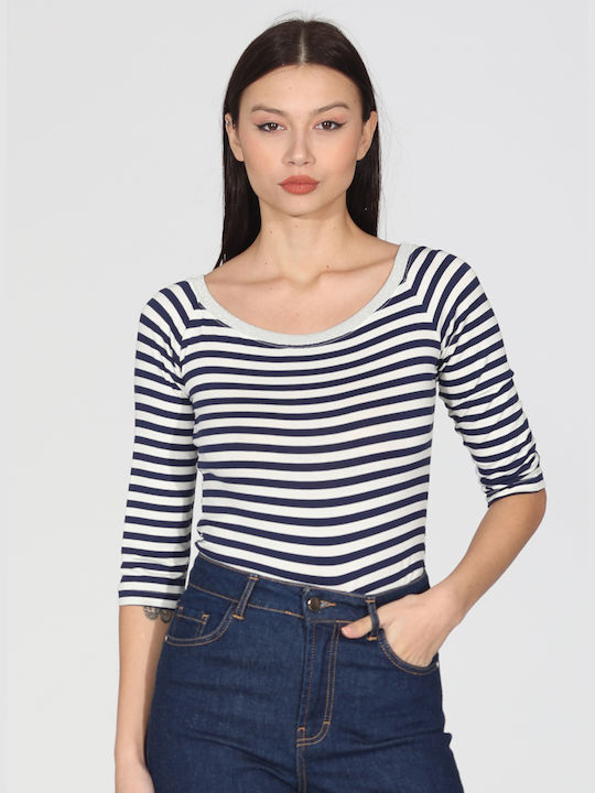 R.R. Damen Bluse mit 3/4 Ärmel Gestreift Blue and white