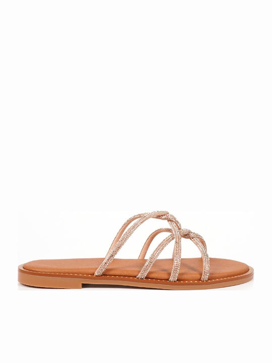 Bronze Δερμάτινο Flat Σανδάλι Στρας