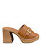 Leather Mules with Chunky High Heel in Tabac Brown Color