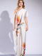 Matis Fashion Γυναικεία Ψηλόμεση Σατέν Παντελόνα με Λάστιχο σε Κανονική Εφαρμογή Floral Εκρού