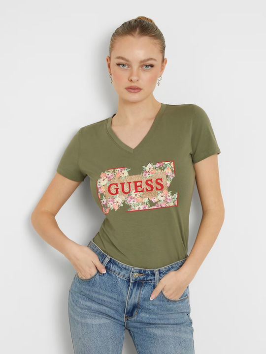 Guess Ss Vn Γυναικείο T-shirt Floral Πράσινο