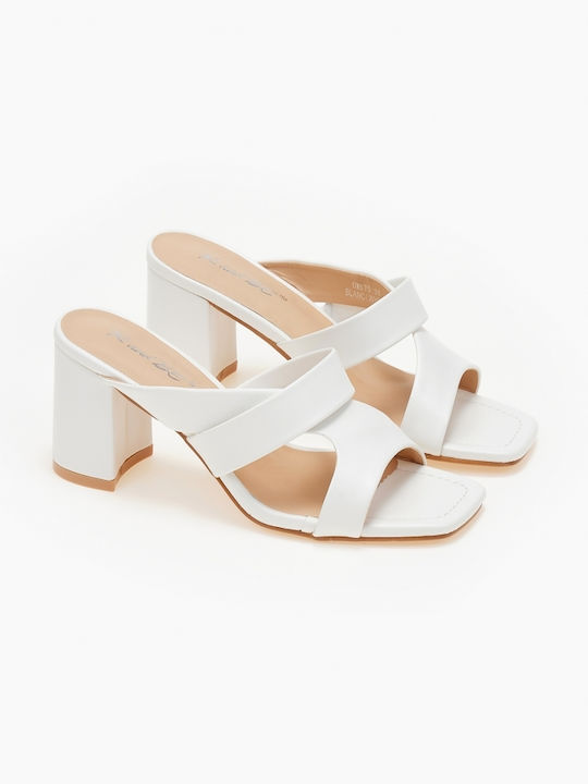 Mules Thick Heel Square Line White