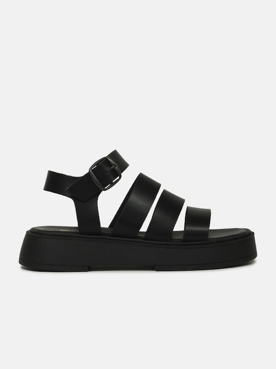 Si Bolleti Flatforms Leather Women's Sandals with Ankle Strap Black