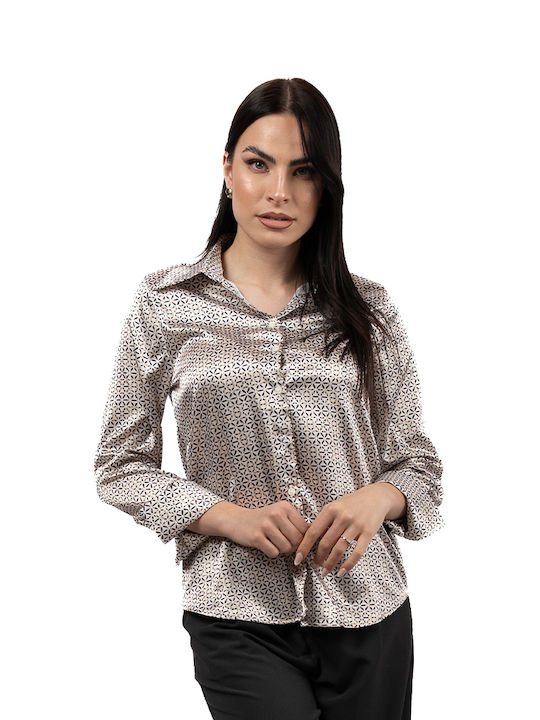 Women's Satin Long Sleeve Shirt Black-beige